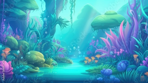 cartoon underwater scene with colorful corals, fish, and serene ocean view