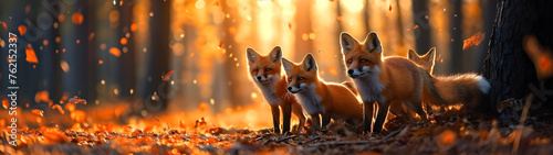Foxes standing in the forest with setting sun shining. Group of wild animals in nature. Horizontal, banner.