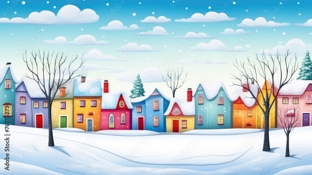 Fototapeta premium cartoon snowy village with cozy houses, trees, and mountains