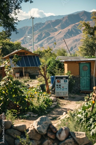 Professional Photography of a Renewable Energy Microgrid Powering a Remote Village, Generative AI