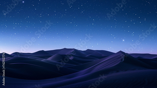 Minimalistic night landscape of desert dunes under a mesmerizing gradient starry sky