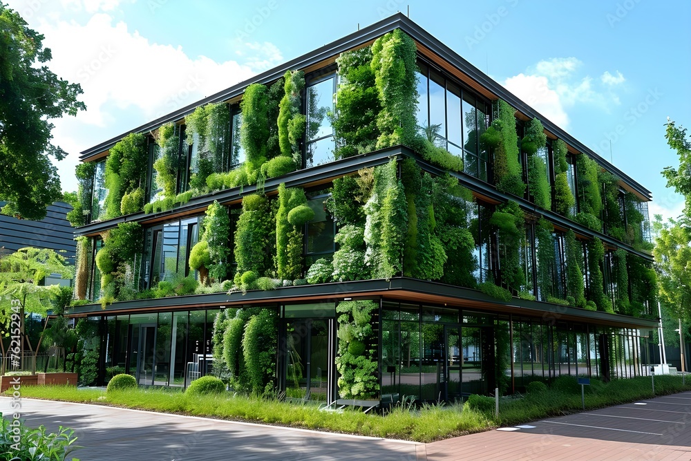 Green office building with sustainable design for reduced carbon footprint. Concept Sustainable Architecture, Green Building Design, Carbon Footprint Reduction, Eco-Friendly Office Design