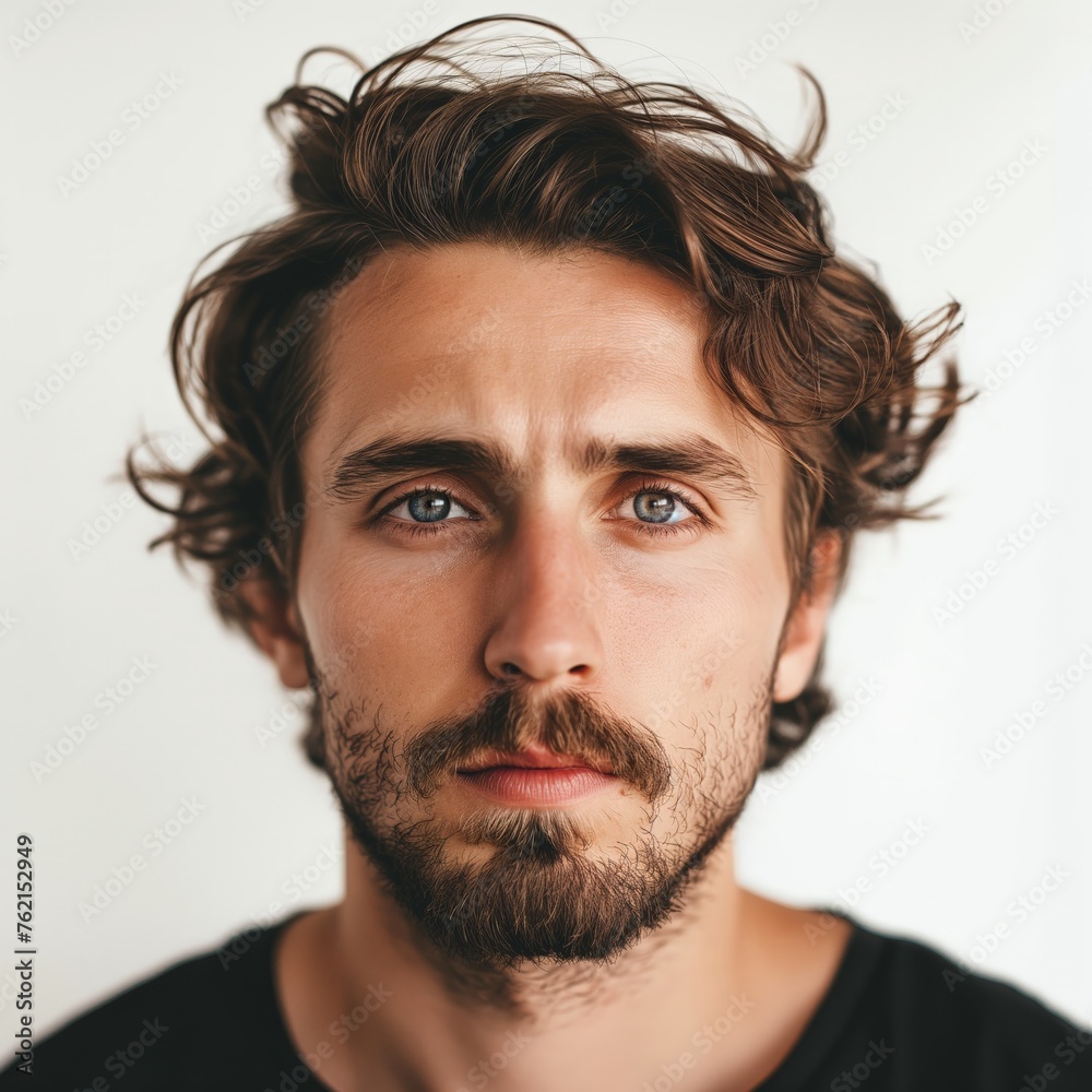 Close-up portrait of a young man with captivating blue eyes and tousled hair against a neutral background. - obrazy, fototapety, plakaty 