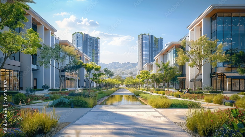 Vibrant mixed-use development place with educational complex, offices. Generative AI. Vibrant mixed-use development place with educational complex, offices. Generative AI.