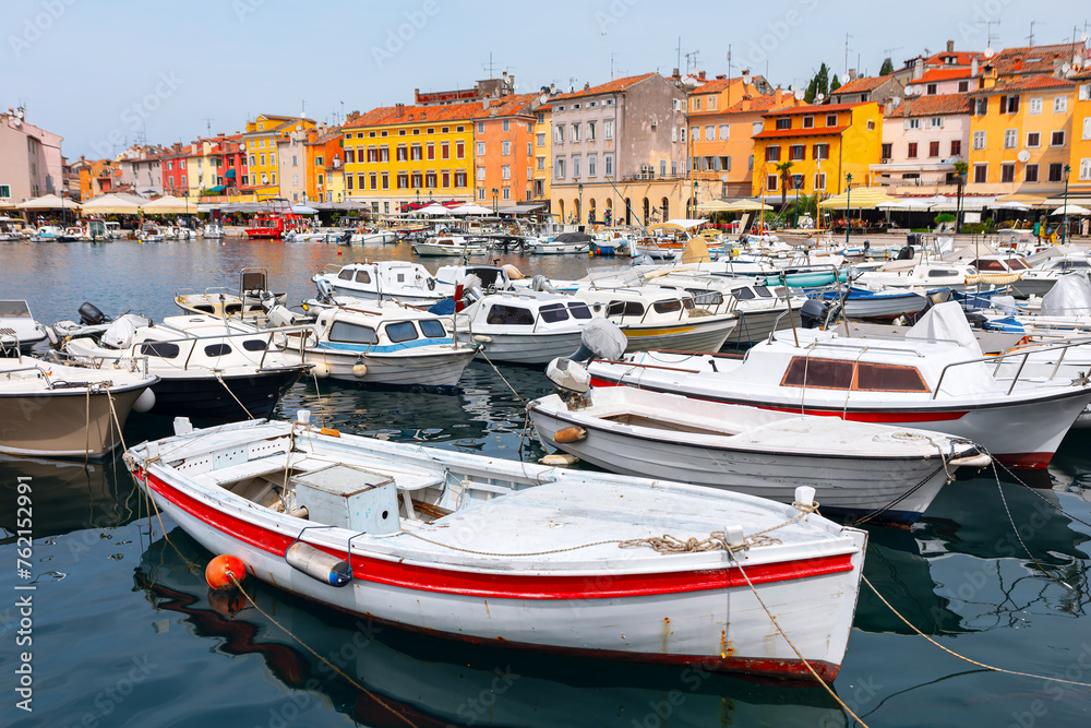 Boats in the harbor of old town of Rovinj, Croatia