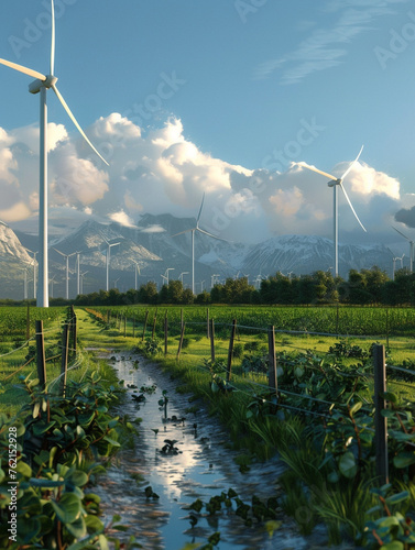 An agricultural farm that doubles as a renewable energy site with wind turbines and solar panels, promoting a dual-purpose land use strategy,hyper realistic, low noise, low texture, surreal