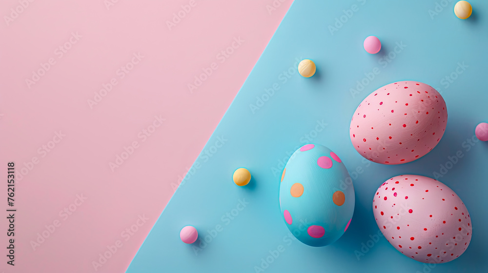 Fototapeta premium Easter eggs on blank background with pastel colours, leaving ample space for text.