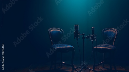 "In a podcast or interview room setup, visualize two chairs and microphones symbolizing the essence of podcast interview interactions."