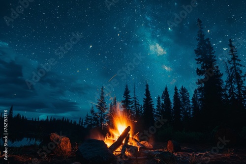 Silhouette of a campfire with smoke sparks under a starry night wilderness camp.