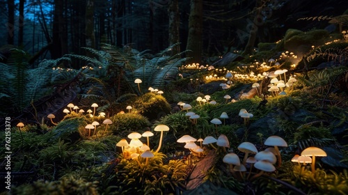 Enchanted mystical glade illuminated by bioluminescent mushrooms under a moonlit sky - Dense forest with a variety of mushrooms casting a soft ethereal glow created with Generative AI Technology