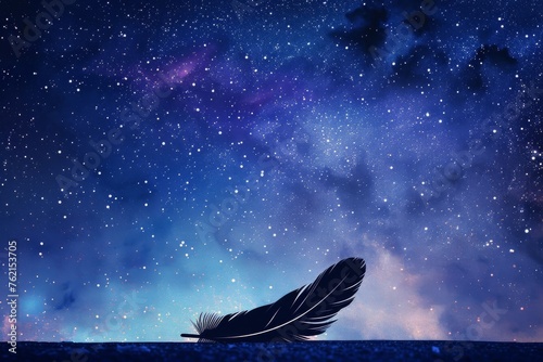 Silhouette of a feather pen with smoke ink under a starry night poetic inspiration. © furyon