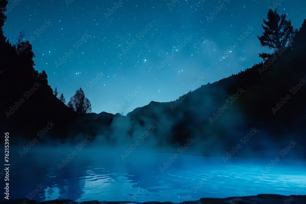 Silhouette of a hot springs with smoke steam under a starry night natural relaxation.