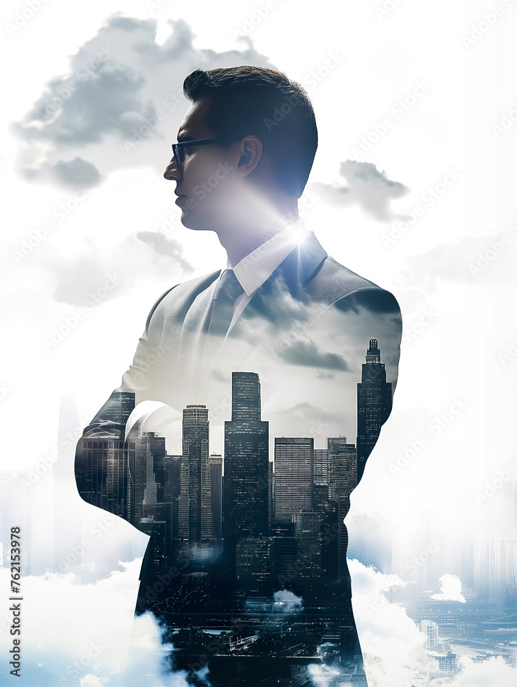 Double exposure of a businessman and a city, concept of success