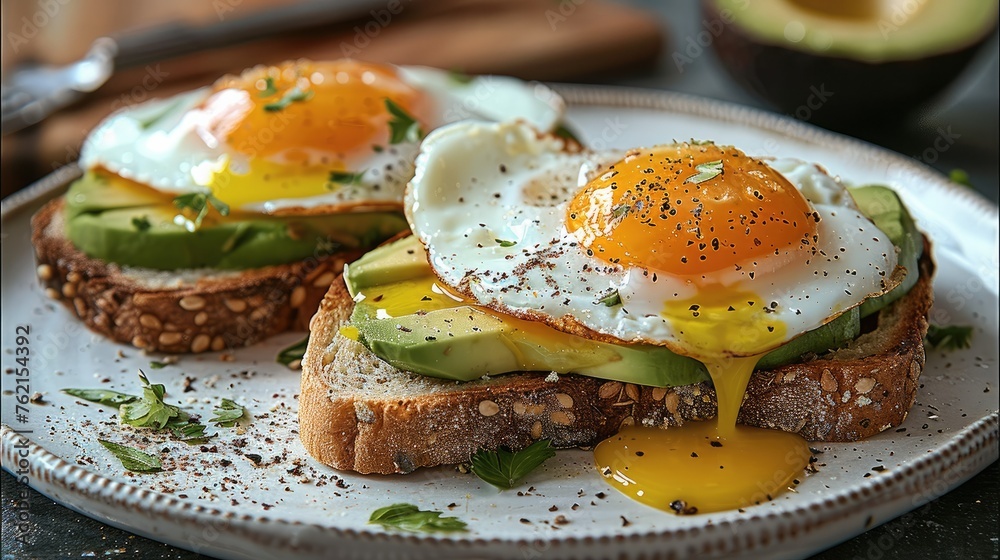 Breakfast, toast with avocado slices, than sunny side up eggs on top, sprinkled with black pepper. Generative AI.