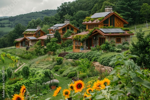Professional Photography of a Sustainable Eco-Village Nestled in a Picturesque Countryside, Generative AI