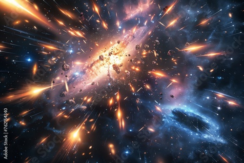 A dynamic galaxy scene with exploding stars and vibrant nebulae.