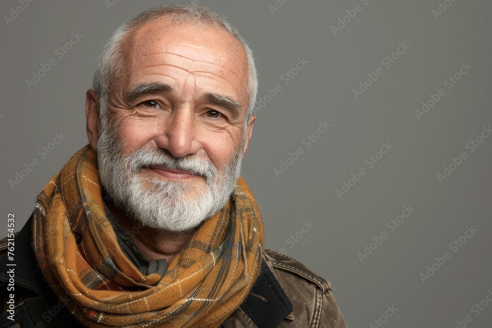 Obraz premium Elderly man smiling at camera. A close-up portrait of an elderly, man with a warm smile, wearing fashionable clothes.