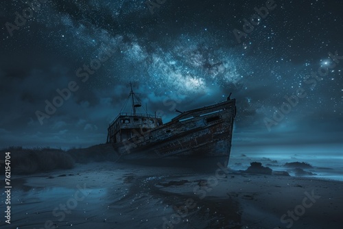 Abandoned shipwreck on a beach with fog and smoke under a starry night sky photo