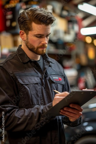 A meticulous technician in a garage, clipboard in hand, methodically going through a checklist to ensure every aspect of a cars repair is addressed photo