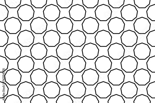 Seamless pattern completely filled with outlines of nonagon symbols. Elements are evenly spaced. Illustration on transparent background