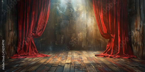 empty theater background with Red stage curtains with a spotlight on a wooden floor,  photo
