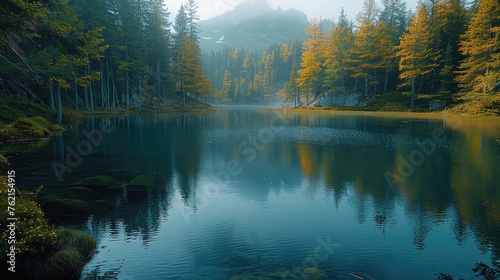Beautiful landscape depicting a lake surrounded by a forest. Generative AI. © visoot
