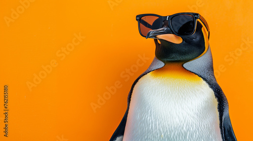 Penguine with sunglasses isolated on orange background © Alexander