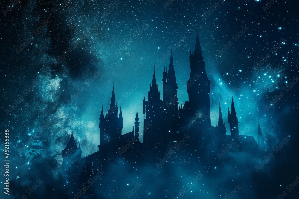 Gothic castle silhouettes with smoke surrounding the spires under a starry night