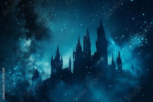 Gothic castle silhouettes with smoke surrounding the spires under a starry night