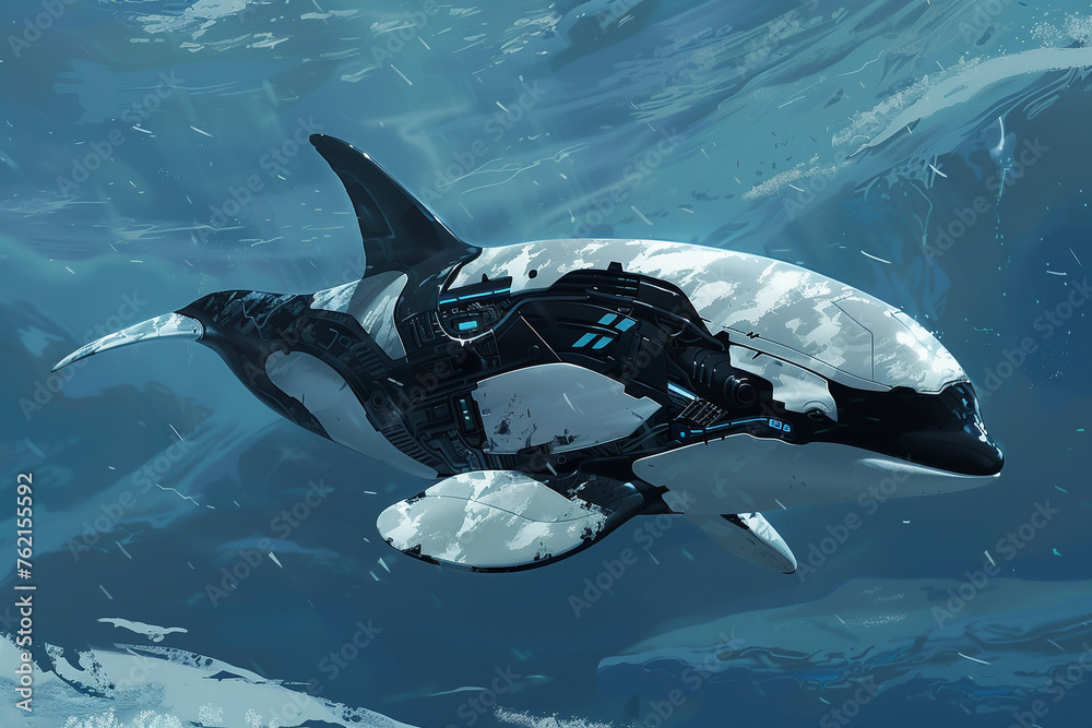 An orca pod robot swimming in the cold blue waters of the Arctic, their black and white colors stark against the icy seascape,hyper realistic, low noise, low texture, surreal - obrazy, fototapety, plakaty 