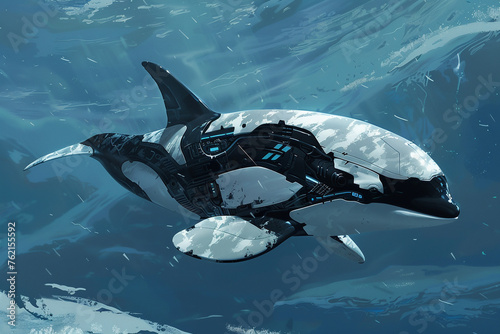 An orca pod robot swimming in the cold blue waters of the Arctic, their black and white colors stark against the icy seascape,hyper realistic, low noise, low texture, surreal