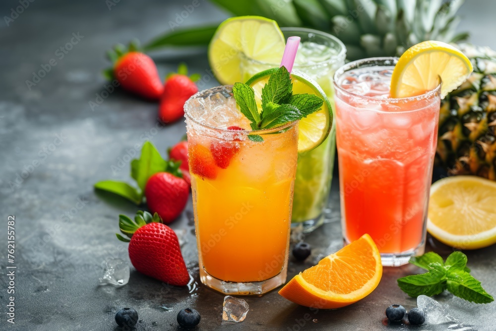Summer cocktails on luxury tropical beach resort at sunset. Generative AI Summer cocktails on luxury tropical beach resort at sunset. Generative AI