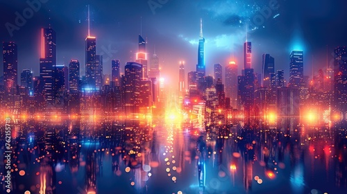 A cityscape with neon lights. Modern hi-tech  science  futuristic technology concept. Generative AI.