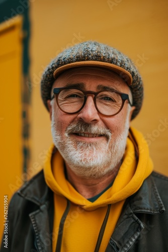 Elderly man smiling at camera. A close-up portrait of an elderly, man with a warm smile, wearing fashionable clothes.