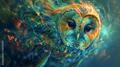 In a mystical forest bathed in moonlight, an owl emerges from the shadows, its feathers adorned with vibrant hues of the aurora borealis.