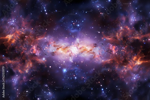 Reflective galaxy portrayal with mirror-like stars and nebulae creating symmetrical cosmic patterns.