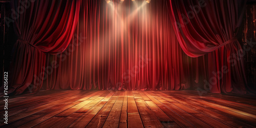 empty theater background with Red stage curtains with a spotlight on a wooden floor, 