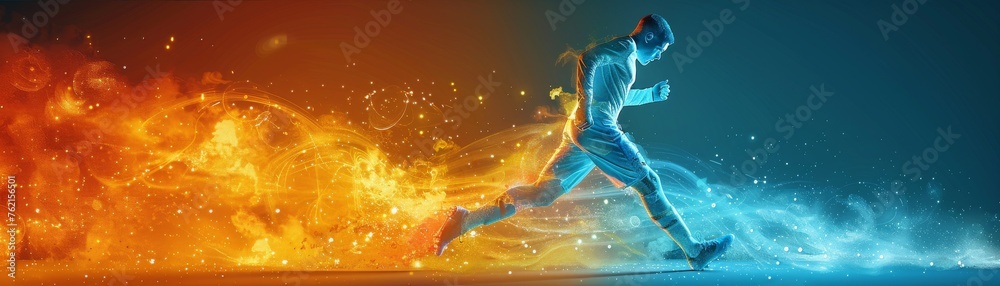 Naklejka premium A soccer player is kicking a ball on a field with a blue and orange background