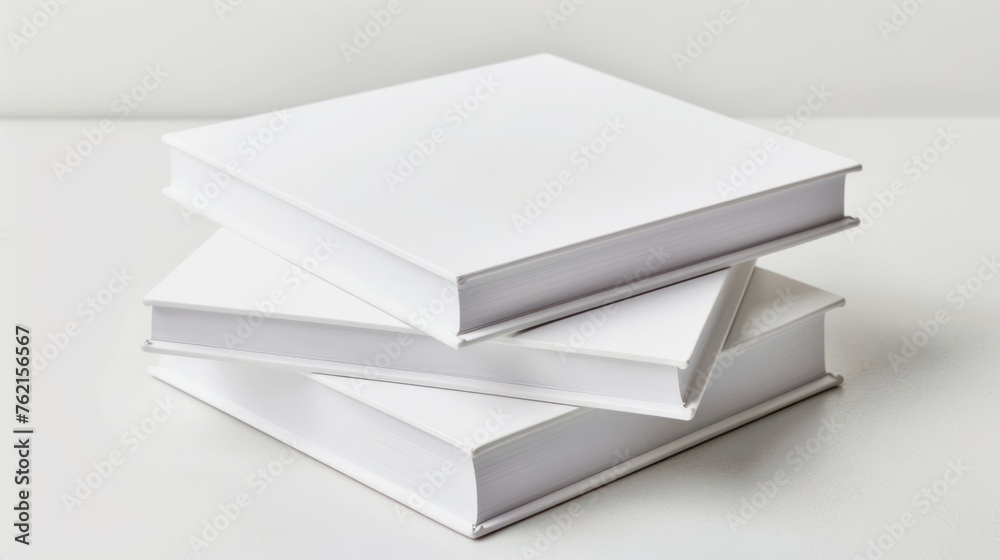 Stack books with blank covers on the desk with white wall background. AI generated image Stack books with blank covers on the desk with white wall background. AI generated image