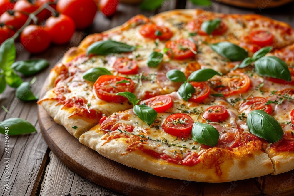 Freshly baked pizza on rustic wood table, ready to eat Italian meal. Generative AI Freshly baked pizza on rustic wood table, ready to eat Italian meal. Generative AI
