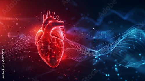 red human heart with electrocardiogram wave, abstract background