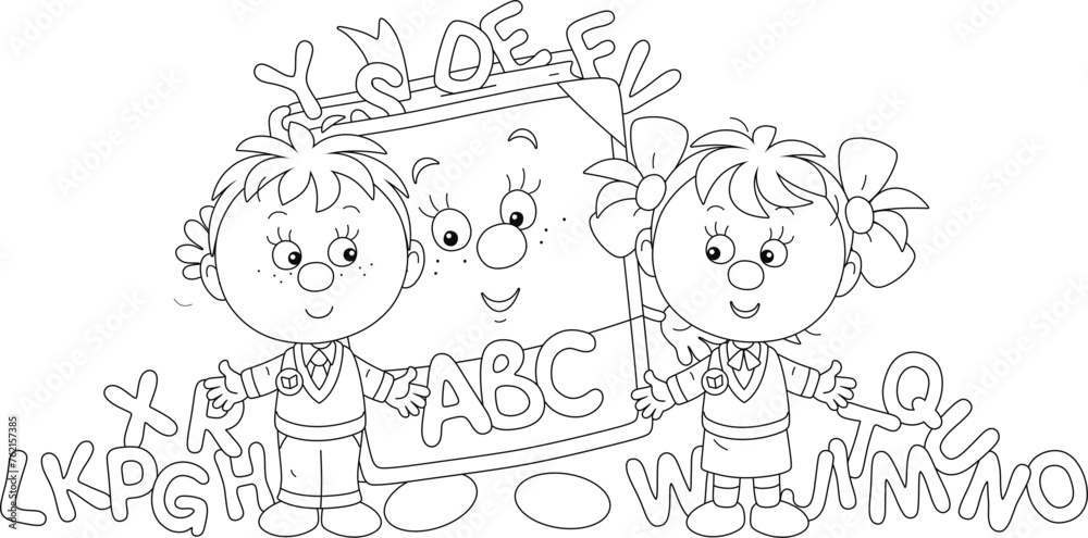 Happy little first graders and a funny cartoon character ABC book with toy letters of alphabet, black and white vector illustration for a coloring book Happy little first graders and a funny cartoon character ABC book with toy letters of alphabet, black and white vector illustration for a coloring book
