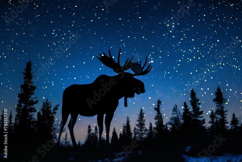 Silhouette of a moose with smoke antlers under a starry night wilderness spirit. © furyon