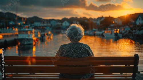 Rear view. Portray an old woman with grey hair sitting on a bench in a harbor during sunset. Generative AI. photo