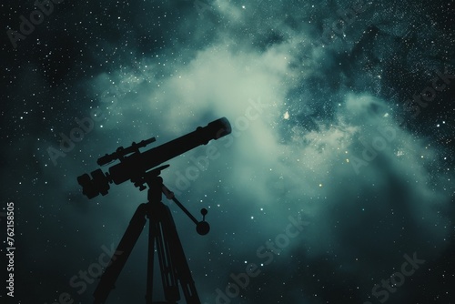 Silhouette of a telescope with smoke galaxies under a starry night endless exploration.