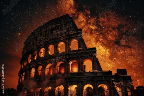 Silhouette of an ancient coliseum with smoke ruins under a starry night historic legacy.