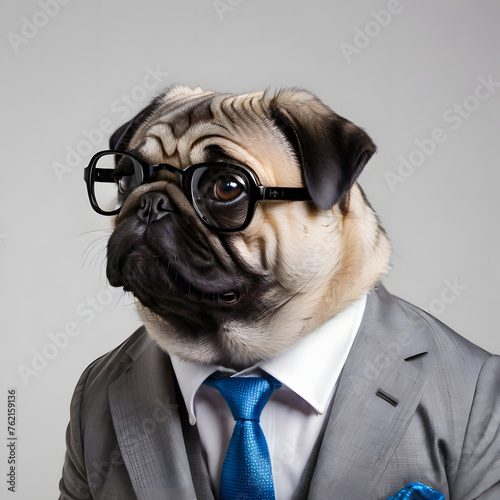 A chubby pug dog wearing business suit and glasses, isolated on grey background, profile picture © Patt