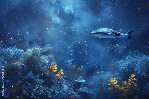Underwater scene with marine life and smoke-like sea mist under a starlit night sky © furyon