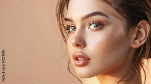 Photo portrait of young pretty woman, isolated on studio texture background