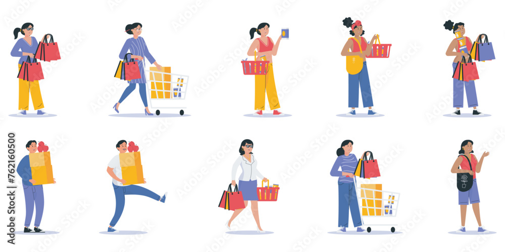 People with shopping carts and baskets in store